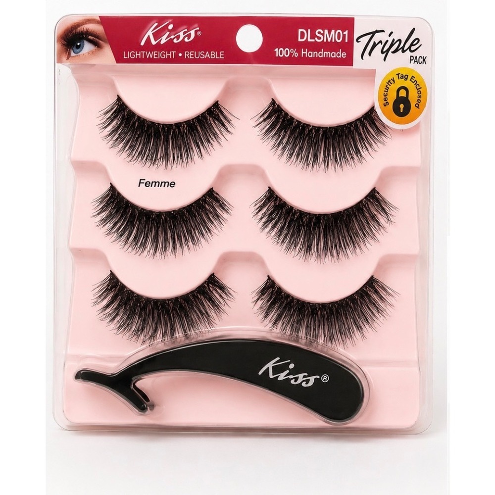 Kiss False Eyelashes Triple Pack Femme Black DLSM01 Handmade With Applicator